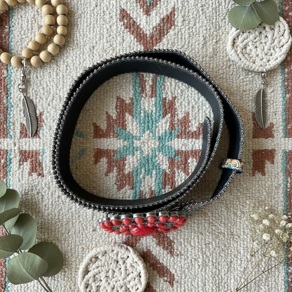 Bohemian Turquoise Patterned Women's Belt with Red Stone Buckle - Picture 4 of 6